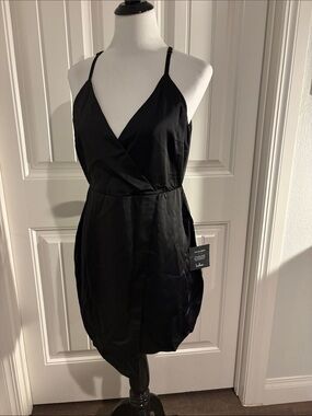 NWT Lulu's Black Satin Wrap-Front Mini Dress